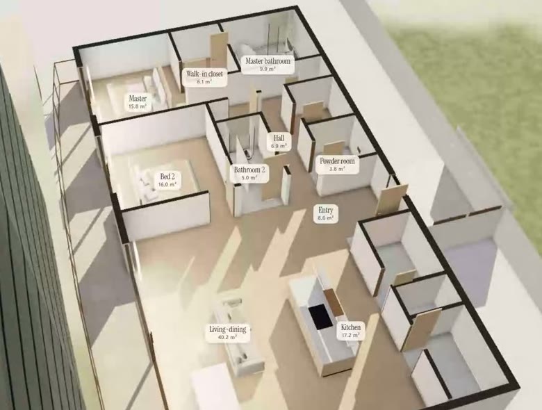 Dollhouse view of a two-bedroom apartment from above, furnished