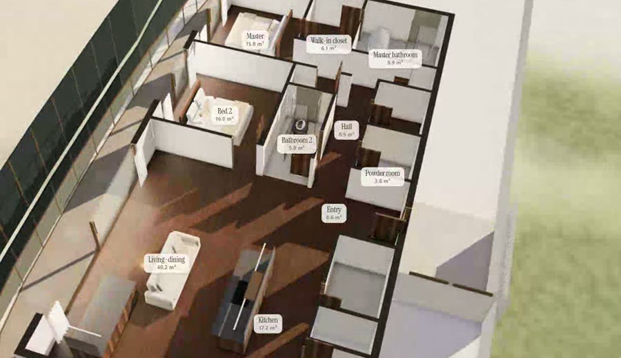 The same apartment with a dark timber finish scheme