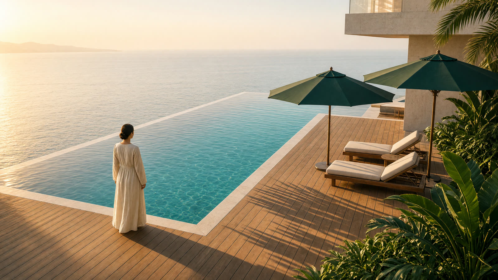 A lifestyle film: a villa pool terrace on the water at golden hour