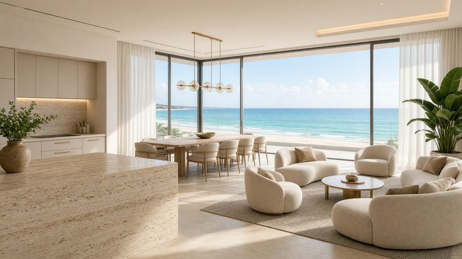 A photoreal walk-through of an off-plan apartment living room facing the sea